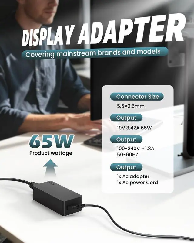 Alt view image 2 of 7 - 19V Dc Monitor Power Supply Cord for Asus Hp, LED HD Display Monitor Replacement for HP 22cwa 23xi 23bw HP-Pavilion 20" 21.5" 23" 23.8" 25" 27", Asus 22'' 23'' 24'' 27'' VX238H AC Adapter Charger