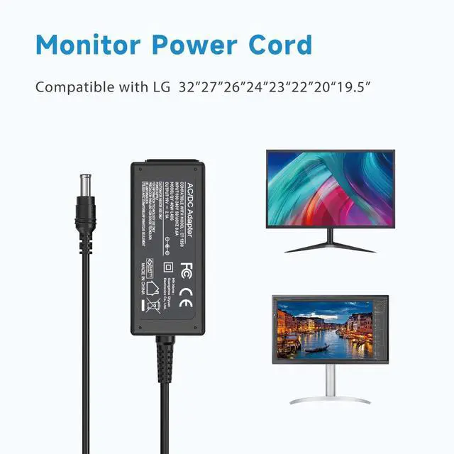 Alt view image 4 of 7 - 19V 2.1A 40W DC Monitor Power Supply Adapter Compatible with LG Electronics 27" 24" 23" 22" 20" 19" LCD LED HD TV Monitor Widescreen Power Supply Adapter Cord 6.5 * 4.4mm Tip