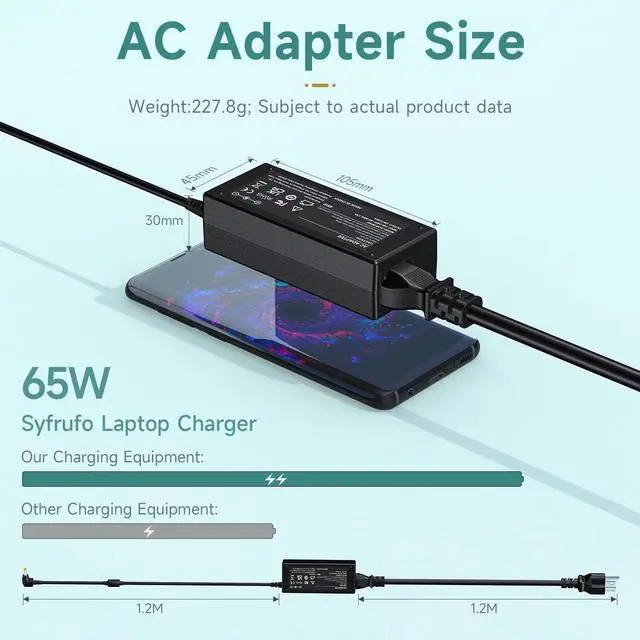 Alt view image 3 of 5 - 65W 19V 3.42A AC Adapter Replacement for HP Pavilion Monitor Power Supply, 3-Prong Grounded Cord Compatible with VH240A CW ER Series Desktop Display