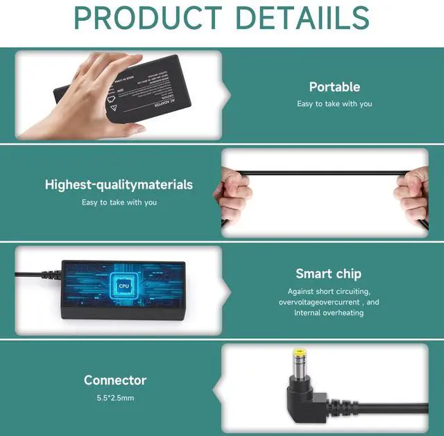 Alt view image 5 of 5 - 65W 19V 3.42A AC Adapter Replacement for HP Pavilion Monitor Power Supply, 3-Prong Grounded Cord Compatible with VH240A CW ER Series Desktop Display