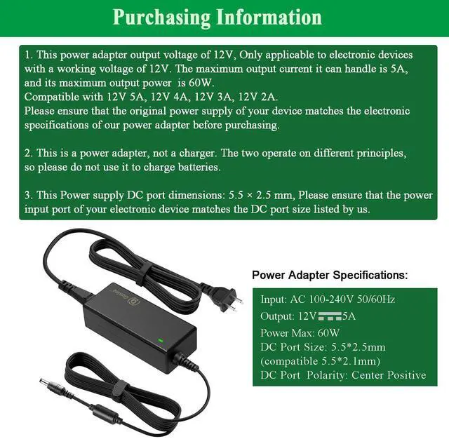 Alt view image 2 of 7 - 12V 5A Monitor Power Supply Cord, AC 100-240V to DC 12V 5A 60W Power Adapter, Compatible with 12Volt AOC Monitors 16 20 22 23 24 27 inch and Dell 22 23 24 27 inch, Replacement AC/DC Adapter.