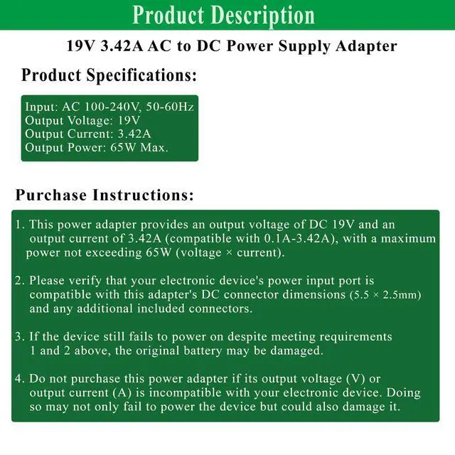 Alt view image 2 of 7 - 19V 3.42A DC Power Supply Adapter, 19 Volt Laptop Charger AC 100-240V 50-60hz, Compatible for 19Vdc Gateway Toshiba Acer Lenovo Asus Samsung Laptop JBL Speaker LG LCD Monitor.