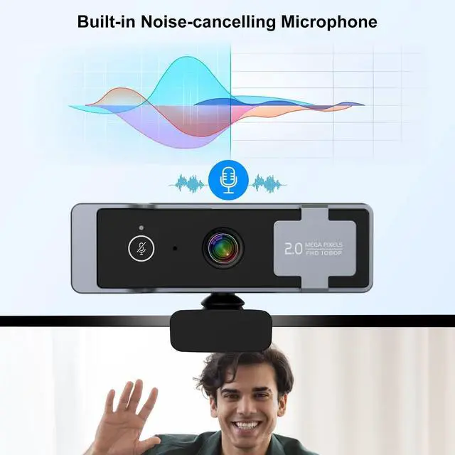 Alt view image 4 of 6 - 1080P Webcam for PC, Computer Camera with Privacy Cover & Tripod, Dual Noise-Cancelling Microphones, Ideal for Zoom, Skype, Video Calls & Conferences
