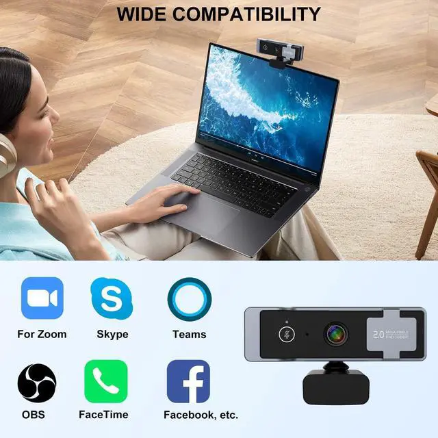 Alt view image 6 of 6 - 1080P Webcam for PC, Computer Camera with Privacy Cover & Tripod, Dual Noise-Cancelling Microphones, Ideal for Zoom, Skype, Video Calls & Conferences