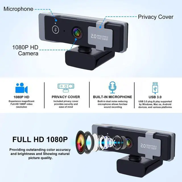 Alt view image 2 of 6 - 1080P Webcam for PC, Computer Camera with Privacy Cover & Tripod, Dual Noise-Cancelling Microphones, Ideal for Zoom, Skype, Video Calls & Conferences