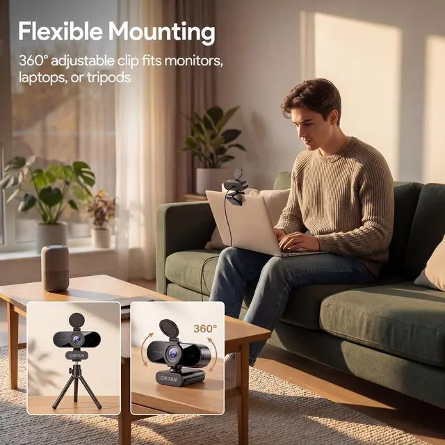 Alt view image 7 of 7 - 1080P Webcam with Microphone Noise Reduction, Auto Exposure, 90°FOV Wide Angle, Privacy Cover, USB-A to C Adapter, Plug & Play Streaming Camera for PC/Mac/Switch 2, Zoom/Teams/Skype/Meetings