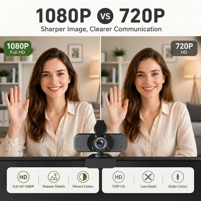 Alt view image 2 of 7 - Full HD 1080P Webcam with Microphone, Noise-Canceling, Privacy Cover, Wide-Angle Lens, Auto Light Correction, Plug & Play USB Web Camera for Laptop, Desktop, PC, Mac, Zoom, Skype Pro Series