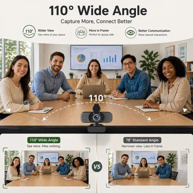 Alt view image 5 of 7 - Full HD 1080P Webcam with Microphone, Noise-Canceling, Privacy Cover, Wide-Angle Lens, Auto Light Correction, Plug & Play USB Web Camera for Laptop, Desktop, PC, Mac, Zoom, Skype Pro Series