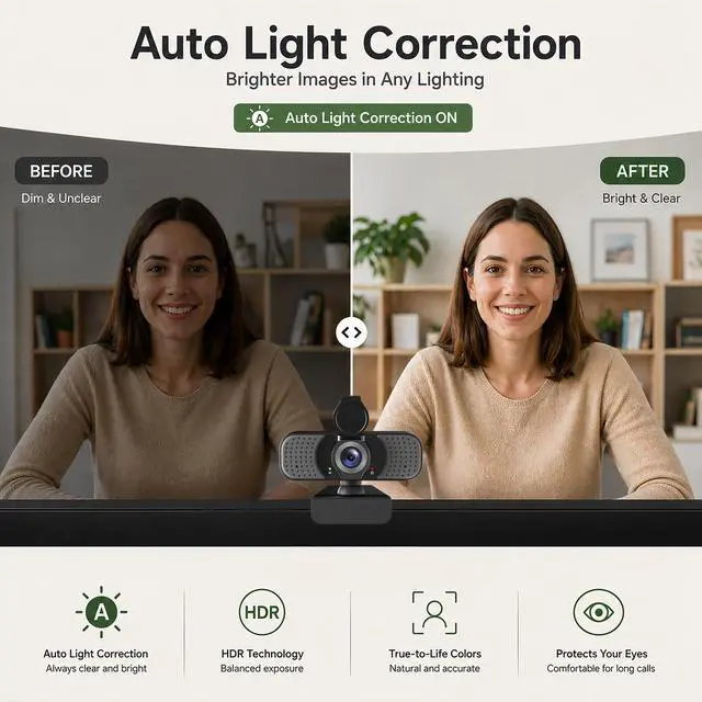 Alt view image 3 of 7 - Full HD 1080P Webcam with Microphone, Noise-Canceling, Privacy Cover, Wide-Angle Lens, Auto Light Correction, Plug & Play USB Web Camera for Laptop, Desktop, PC, Mac, Zoom, Skype Pro Series