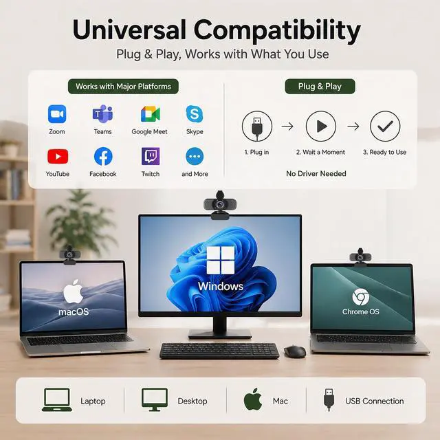 Alt view image 6 of 7 - Full HD 1080P Webcam with Microphone, Noise-Canceling, Privacy Cover, Wide-Angle Lens, Auto Light Correction, Plug & Play USB Web Camera for Laptop, Desktop, PC, Mac, Zoom, Skype Pro Series