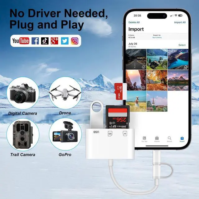 Alt view image 5 of 7 - SD Card Reader for iPhone iPad Mac, USB C and Lightning Dual Interface Memory Card Reader, Digital Camera Adapter to iPhone SD Card Viewer with SD/Micro SD/USB-A 3 Slot, No App Plug and Play