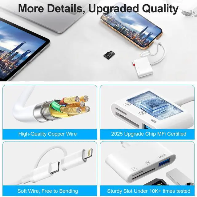 Alt view image 7 of 7 - SD Card Reader for iPhone iPad Mac, USB C and Lightning Dual Interface Memory Card Reader, Digital Camera Adapter to iPhone SD Card Viewer with SD/Micro SD/USB-A 3 Slot, No App Plug and Play