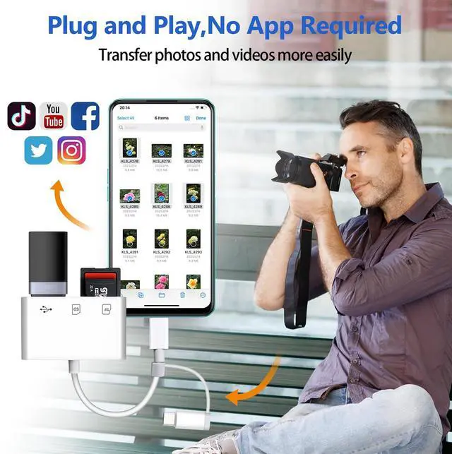 Alt view image 5 of 7 - SD Card Reader for iPhone/Android, Memory Card Reader Supports SD/MicroSD Card and USB Devices, Built-in iOS & USB-C Dual Connectors Card Adapter, No App Required Plug and Play