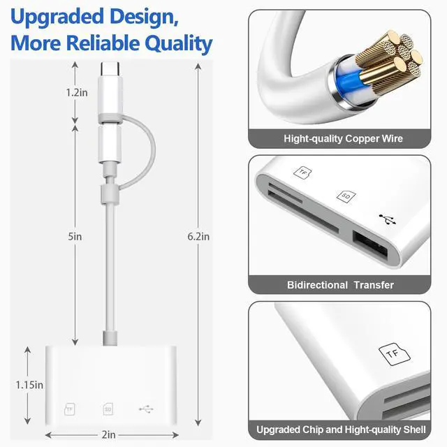 Alt view image 7 of 7 - SD Card Reader for iPhone/Android, Memory Card Reader Supports SD/MicroSD Card and USB Devices, Built-in iOS & USB-C Dual Connectors Card Adapter, No App Required Plug and Play