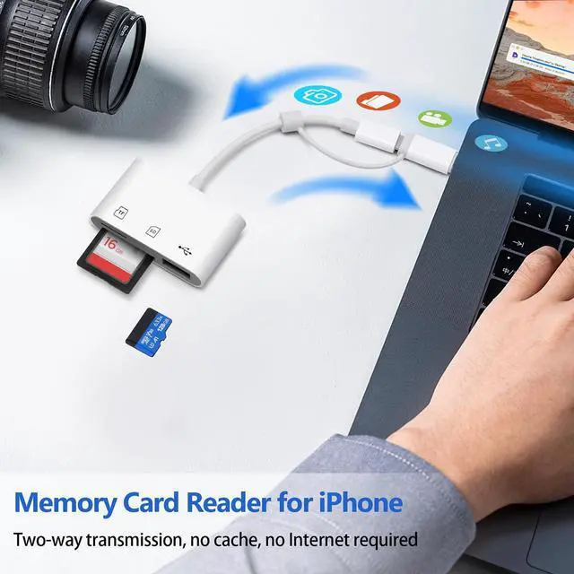 Alt view image 4 of 7 - SD Card Reader for iPhone/Android, Memory Card Reader Supports SD/MicroSD Card and USB Devices, Built-in iOS & USB-C Dual Connectors Card Adapter, No App Required Plug and Play