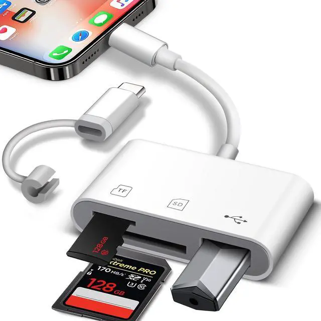 Main image of SD Card Reader for iPhone/Android, Memory Card Reader Supports SD/MicroSD Card and USB Devices, Built-in iOS & USB-C Dual Connectors Card Adapter, No App Required Plug and Play
