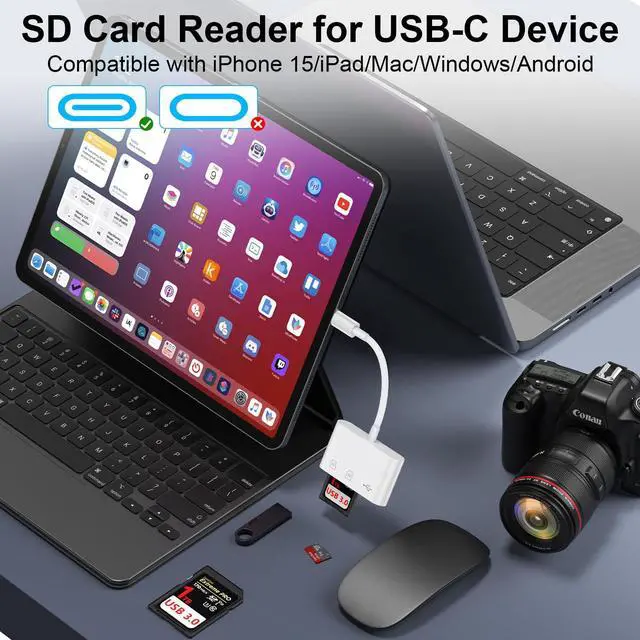 Alt view image 3 of 7 - USB C to USB Camera Adapter,SD Card Reader for iPhone 17e 17 Pro Max Air 16e 16 15,3 in 1 Memory Card Adapter Dual Card Slots & USB Port for Samsung Galaxy S26,Pixel9 Android Trail Camera Card Reader