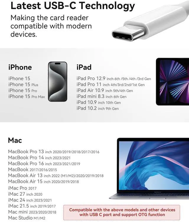 Alt view image 7 of 7 - SD Card Reader, USB C to Micro SD/TF/CF Memory Card Reader, 4 in 1 USB Type C Camera Adapter for iPhone 15, iPad Pro, MacBook, Supports Memory Card SD/Micro SD/TF/Compact Flash