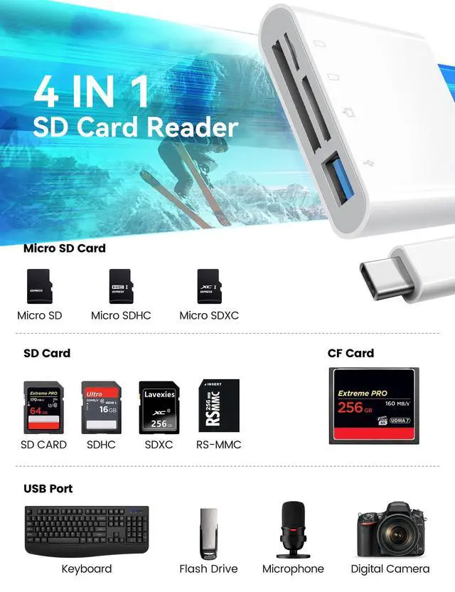 Alt view image 2 of 7 - SD Card Reader, USB C to Micro SD/TF/CF Memory Card Reader, 4 in 1 USB Type C Camera Adapter for iPhone 15, iPad Pro, MacBook, Supports Memory Card SD/Micro SD/TF/Compact Flash