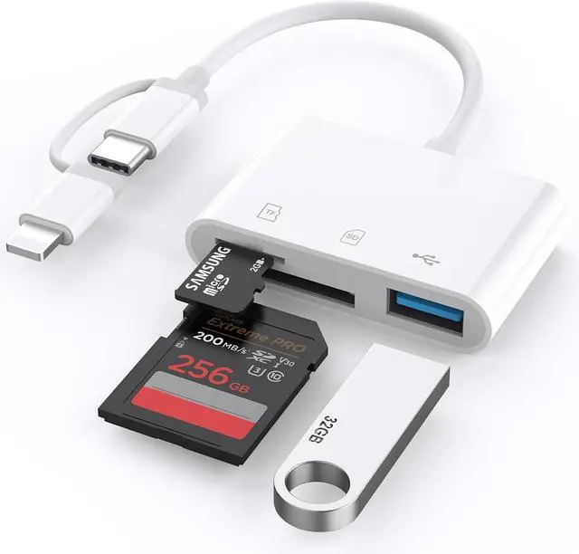 Main image of SD Card Reader for iPhone iPad, Built-in Lightning USB-C Dual Port SD Card Adapter with SD MicroSD USB 3 Slots Trail Camera Memory Card Viewer, No App Required, Plug and Play