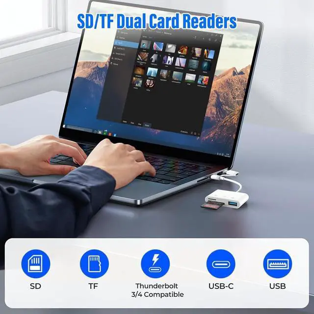 Alt view image 3 of 7 - SD Card Reader for iPhone iPad, Built-in Lightning USB-C Dual Port SD Card Adapter with SD MicroSD USB 3 Slots Trail Camera Memory Card Viewer, No App Required, Plug and Play