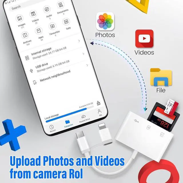 Alt view image 2 of 7 - SD Card Reader for iPhone iPad, Built-in Lightning USB-C Dual Port SD Card Adapter with SD MicroSD USB 3 Slots Trail Camera Memory Card Viewer, No App Required, Plug and Play