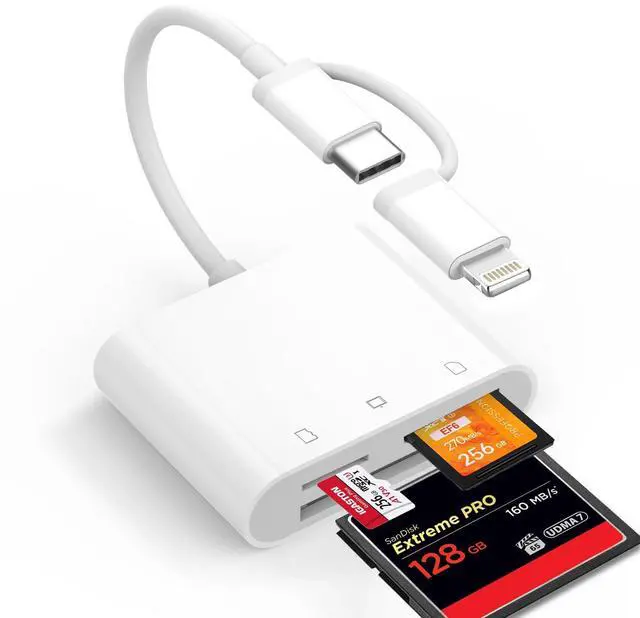 Main image of CF SD Card Reader for iPhone iPad Mac Dual Connector (Lightning & USB C), Digital Camera Memory Card Adapter to iPhone with Compact Flash/SD/MicroSD 3 Slot, Plug&Play for Android Phone Laptop