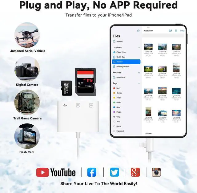 Alt view image 4 of 7 - SD Card Reader for iPhone iPad, Micro SD Card Reader Memory Card Reader with USB Adapter Plug and Play Trail Game Camera Card Viewer Supports SD and TF Card No App Required