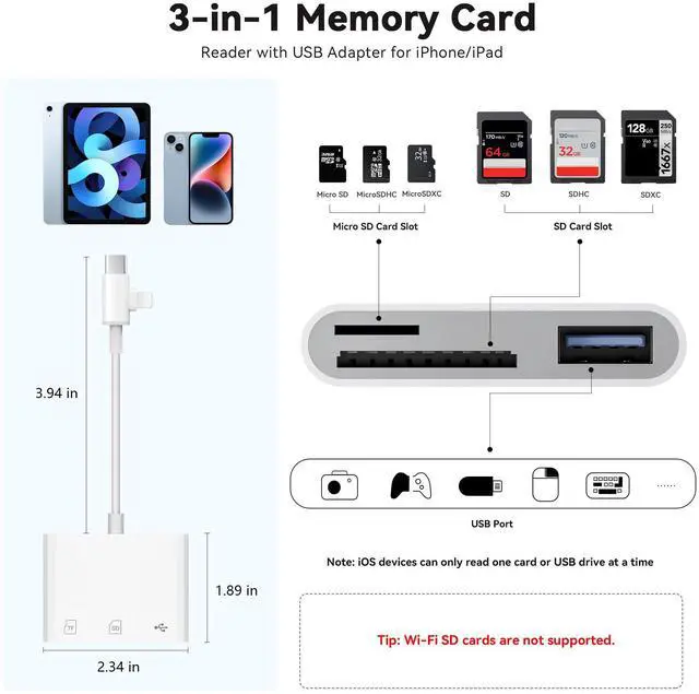 Alt view image 3 of 7 - SD Card Reader for iPhone iPad, Micro SD Card Reader Memory Card Reader with USB Adapter Plug and Play Trail Game Camera Card Viewer Supports SD and TF Card No App Required