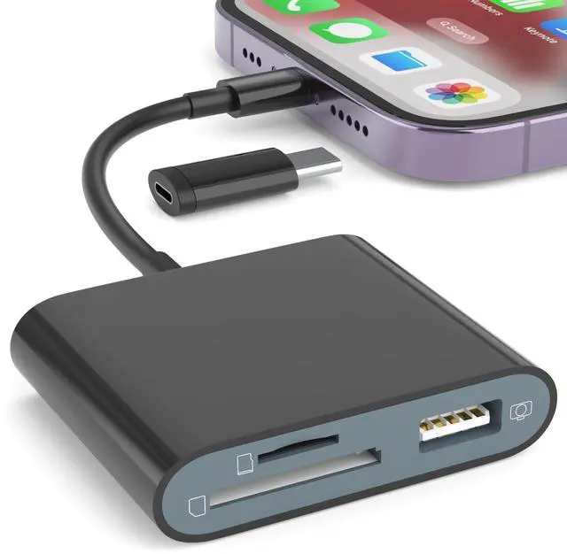 Main image of SD Card Reader for iPhone, Memory Card Reader with USB-C to Light-ning Adapter Plug and Play Trail Game Camera Micro SD Card Viewer Support SD/TF Card and USB for iPad No App Required (Black)