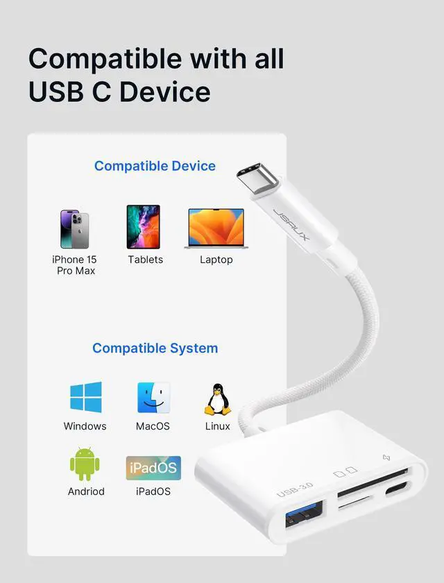 Alt view image 7 of 7 - 4-in-1 USB C SD Card Reader, USB-C Micro SD Card Reader with (USB 3.0 & Charging) Port Compatible with iPhone 16/16 Plus/16 Pro/16 Pro Max, Android, Mac, Galaxy, iPad Pro, Camera -White