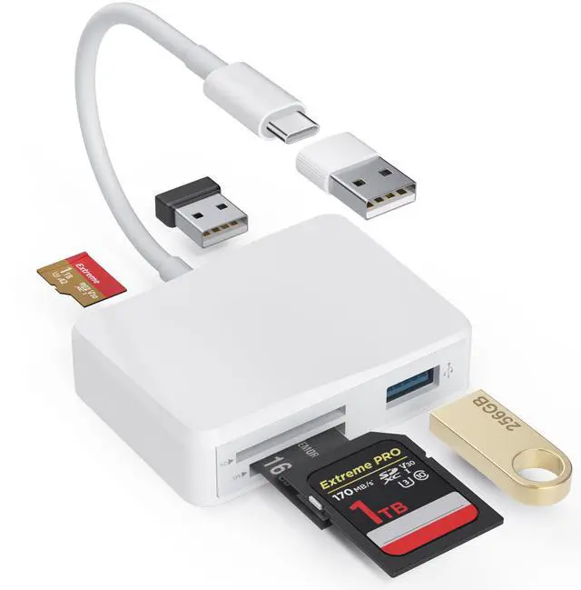 Main image of SD Card Reader, 5 in 1 USB-C & USB Card Adapter with SD/MicroSD/MS and Dual USB-A Ports Memory Card Reader for iPhone 17/16/15 Pro Max iPad MacBook Pro/Air M4/M3 Android Phone/Tablet PC (White)