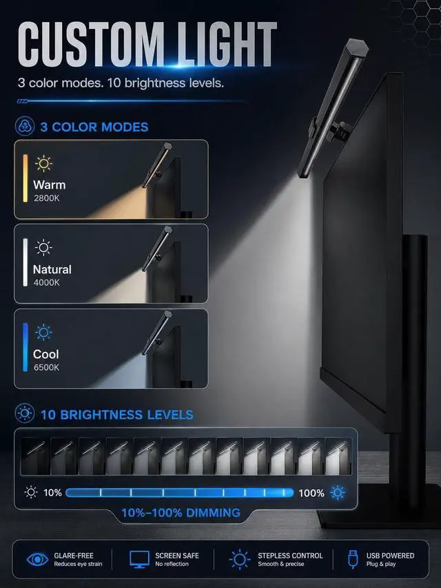 Alt view image 4 of 7 - Monitor Light Bar, USB Powered LED Computer Light for Desk/Office/Home, 3 Adjustable Color Temperature, 10 Dimming Brightness Levels, No Screen Glare, Black