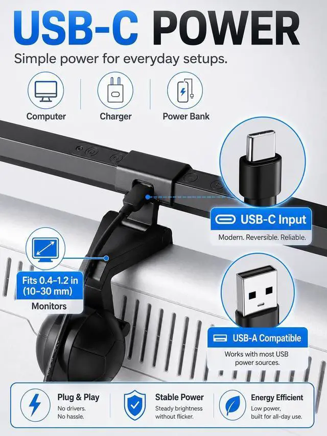 Alt view image 7 of 7 - Monitor Light Bar, USB Powered LED Computer Light for Desk/Office/Home, 3 Adjustable Color Temperature, 10 Dimming Brightness Levels, No Screen Glare, Black