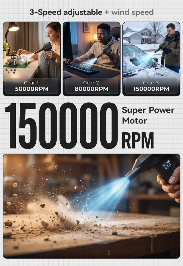 Alt view image 2 of 7 - Compressed Air Duster 150000RPM, Super Power Electric Air Duster Cordless with LED Light, Replaces Canned Air, Portable Dust Blower for Computer, Keyboard, Home, Outdoor & Car