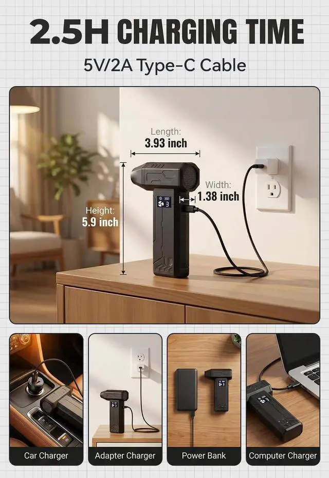 Alt view image 7 of 7 - Compressed Air Duster 150000RPM, Super Power Electric Air Duster Cordless with LED Light, Replaces Canned Air, Portable Dust Blower for Computer, Keyboard, Home, Outdoor & Car