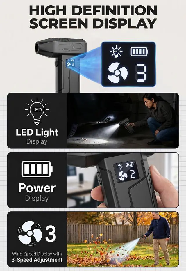 Alt view image 5 of 7 - Compressed Air Duster 150000RPM, Super Power Electric Air Duster Cordless with LED Light, Replaces Canned Air, Portable Dust Blower for Computer, Keyboard, Home, Outdoor & Car