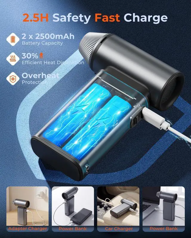 Alt view image 7 of 7 - Compressed Air Duster, 150,000RPM Super Power Electric Air Duster, 6 Gears Adjustable Rechargeable Cordless Mini Air Blower for Keyboard Computer Car Home Cleaning, Replaces Compressed Air Cans