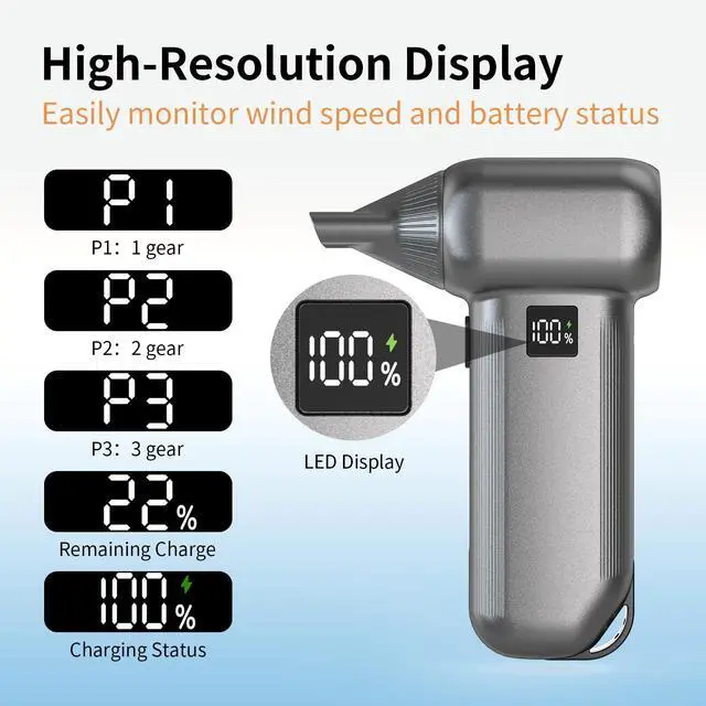 Alt view image 3 of 7 - Electric Air Duster-150000RPM Compressed Air Duster with LED Display, 8000mAh Super Power Cordless Air Duster, 3-Gear Brushless Motor Blower, 5-in-1 Cleaning Kit for PC, Keyboard, Car, Outdoor