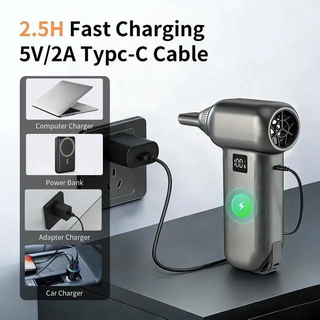 Alt view image 7 of 7 - Electric Air Duster-150000RPM Compressed Air Duster with LED Display, 8000mAh Super Power Cordless Air Duster, 3-Gear Brushless Motor Blower, 5-in-1 Cleaning Kit for PC, Keyboard, Car, Outdoor