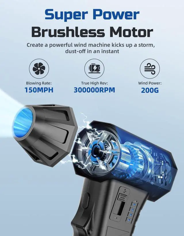 Alt view image 2 of 7 - Compressed Air Duster - 300000RPM Super Power Electric Air Duster Variable Speed Compressed Air, 8000mAh Battery Fast Charging Canned Air, Mini Cordless Air Blower for Home/Keybaord/PC/Computer/Car