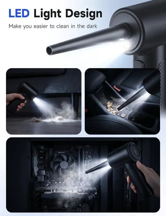 Alt view image 6 of 7 - Compressed Air Duster, 100000RPM Electric Air Duster for Computer Keyboard, 6000mAh Rechargeable Cordless Air Blower with LED Light, Fast Charge Portable Air Can for PC Cleaning