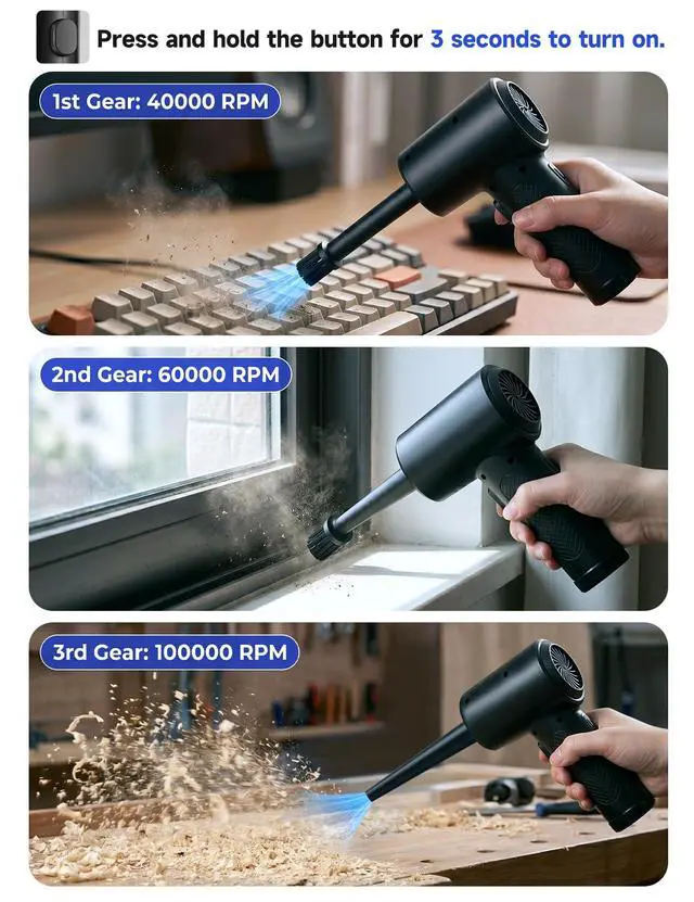 Alt view image 5 of 7 - Compressed Air Duster, 100000RPM Electric Air Duster for Computer Keyboard, 6000mAh Rechargeable Cordless Air Blower with LED Light, Fast Charge Portable Air Can for PC Cleaning
