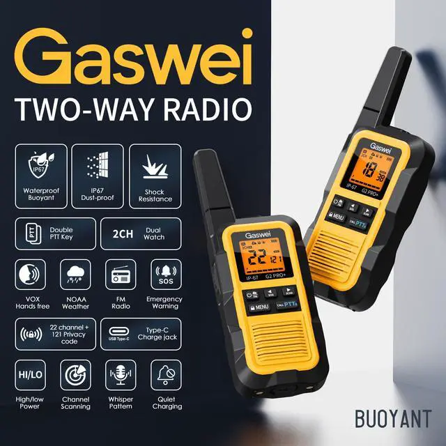 Alt view image 3 of 7 - G2pro+ IP67 Waterproof Floating Heavy Duty Walkie Talkies Long Range for Adults FRS Double PTTFM radio,SOS,NOAA weather Rechargeable Two Way Radios 2 watts,VOX,Li-ion Battery (2 Pack - Yellow)