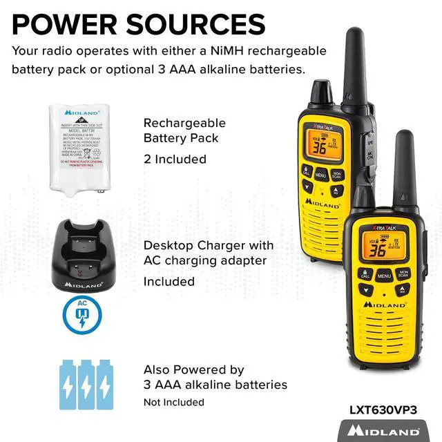 Alt view image 3 of 7 - LXT600VP3 Long Range Walkie Talkie - FRS Two-Way Small Business Radio Rechargeable Portable- UTV Accessories with NOAA Weather Scan + Alert, and 36 Channels (Yellow/Black, 2 Radios)