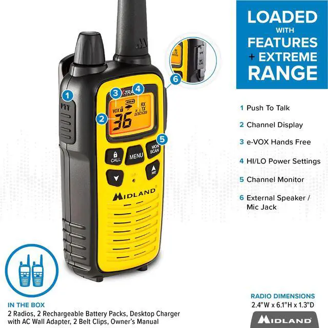 Alt view image 4 of 7 - LXT600VP3 Long Range Walkie Talkie - FRS Two-Way Small Business Radio Rechargeable Portable- UTV Accessories with NOAA Weather Scan + Alert, and 36 Channels (Yellow/Black, 2 Radios)