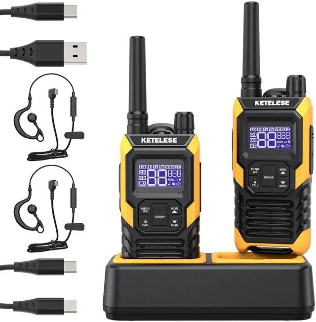 Main image of T4 Heavy Duty Walkie Talkies, IP67 Waterproof FRS 2 Way Radio Long Range, USB-C Rechargable, with Earpiece, VOX, NOAA, Weather Alert, Dual PTT, One-Key Group Call, Dock, 2 Pack