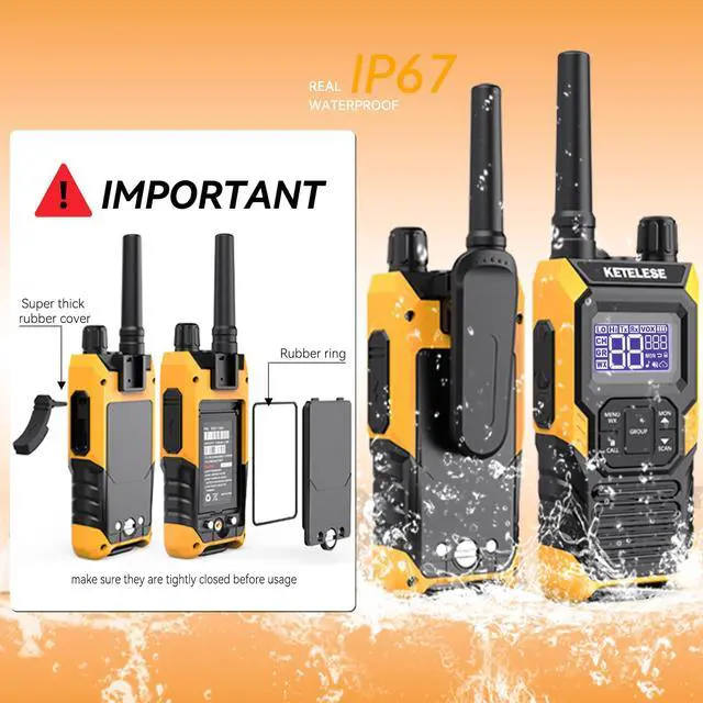 Alt view image 2 of 7 - T4 Heavy Duty Walkie Talkies, IP67 Waterproof FRS 2 Way Radio Long Range, USB-C Rechargable, with Earpiece, VOX, NOAA, Weather Alert, Dual PTT, One-Key Group Call, Dock, 2 Pack