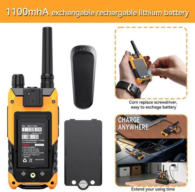 Alt view image 6 of 7 - T4 Heavy Duty Walkie Talkies, IP67 Waterproof FRS 2 Way Radio Long Range, USB-C Rechargable, with Earpiece, VOX, NOAA, Weather Alert, Dual PTT, One-Key Group Call, Dock, 2 Pack