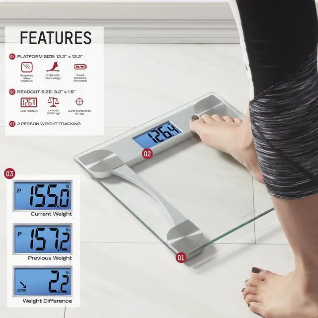 Alt view image 2 of 6 - Digital Scales for Body Weight, Extra high 440 LB Capacity, Unique Blue LCD, Bright White Finish Extra LargePlatform, 12.2 x 13.5 Inches, White